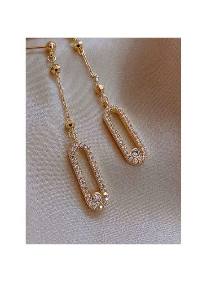 SHEIN-Crystal Drop Dangle Earrings, Gold Plated, Rhinestone Studded Geometric Design, Long Statement Jewelry for Women - Image 3